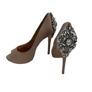 BADGLEY MISCHKA Latte Satin Kiara Embellished Peep-Toe Stiletto Pumps Size 7.5 M